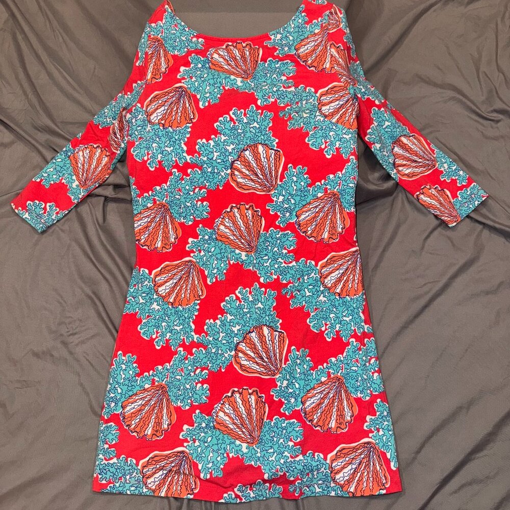 Lilly Pulitzer Topanga Tunic Dress Coralina Seashell Coral Print 3/4 Sleeve